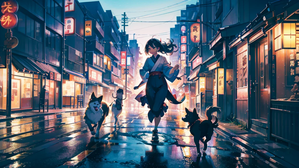 beautiful girl, ハッピー, Japan, Tokyo, Suburban, The dog is chasing the girl., Surrealism, cinematic lighting, UHD, high details, best quality, highres, 8k