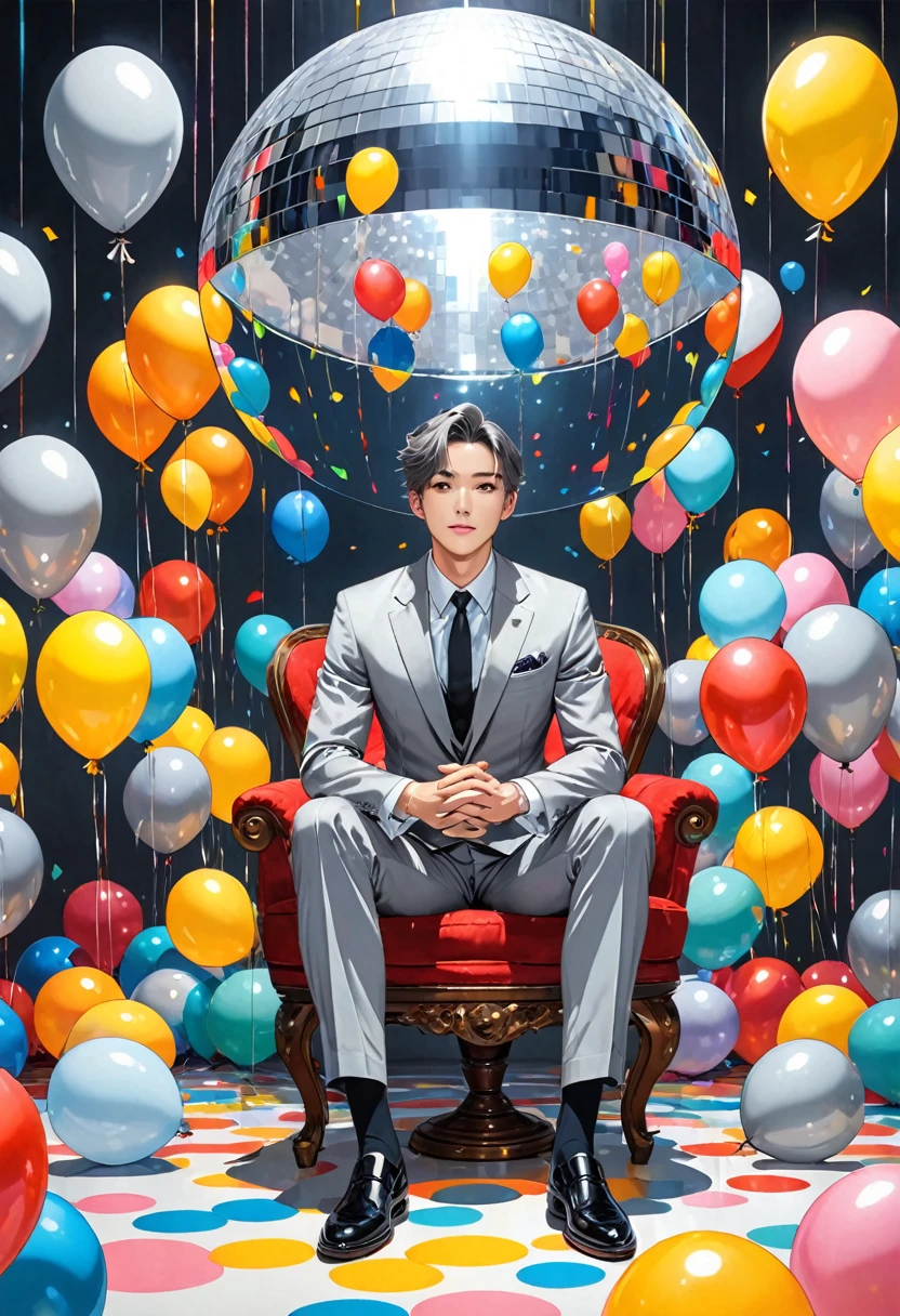 A man in a slim-fitting grey suit、sitting under a mirror ball、Many balloons are floating around
