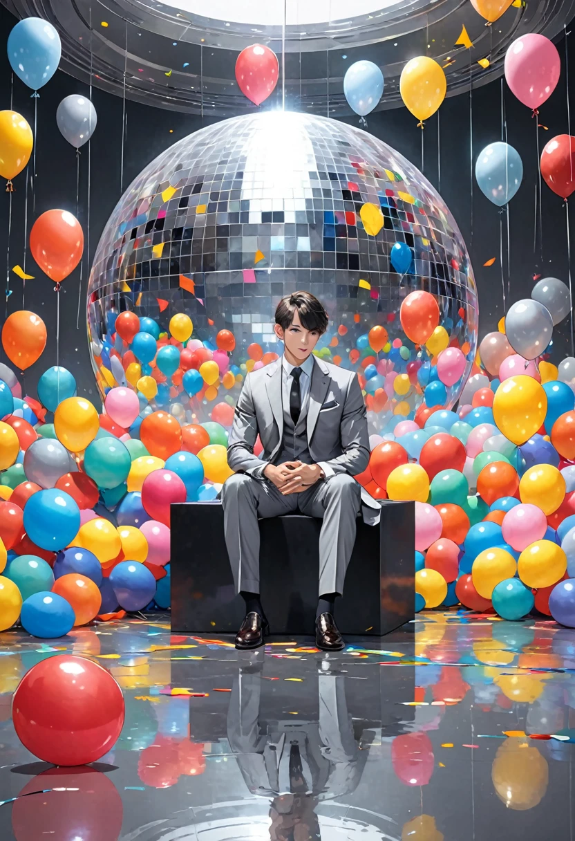 A man in a slim-fitting grey suit、sitting under a mirror ball、Many balloons are floating around