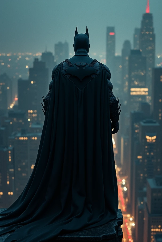 Batman on top of the building at midnight watching the city skyline. Back shot, dark sky, awesome picture