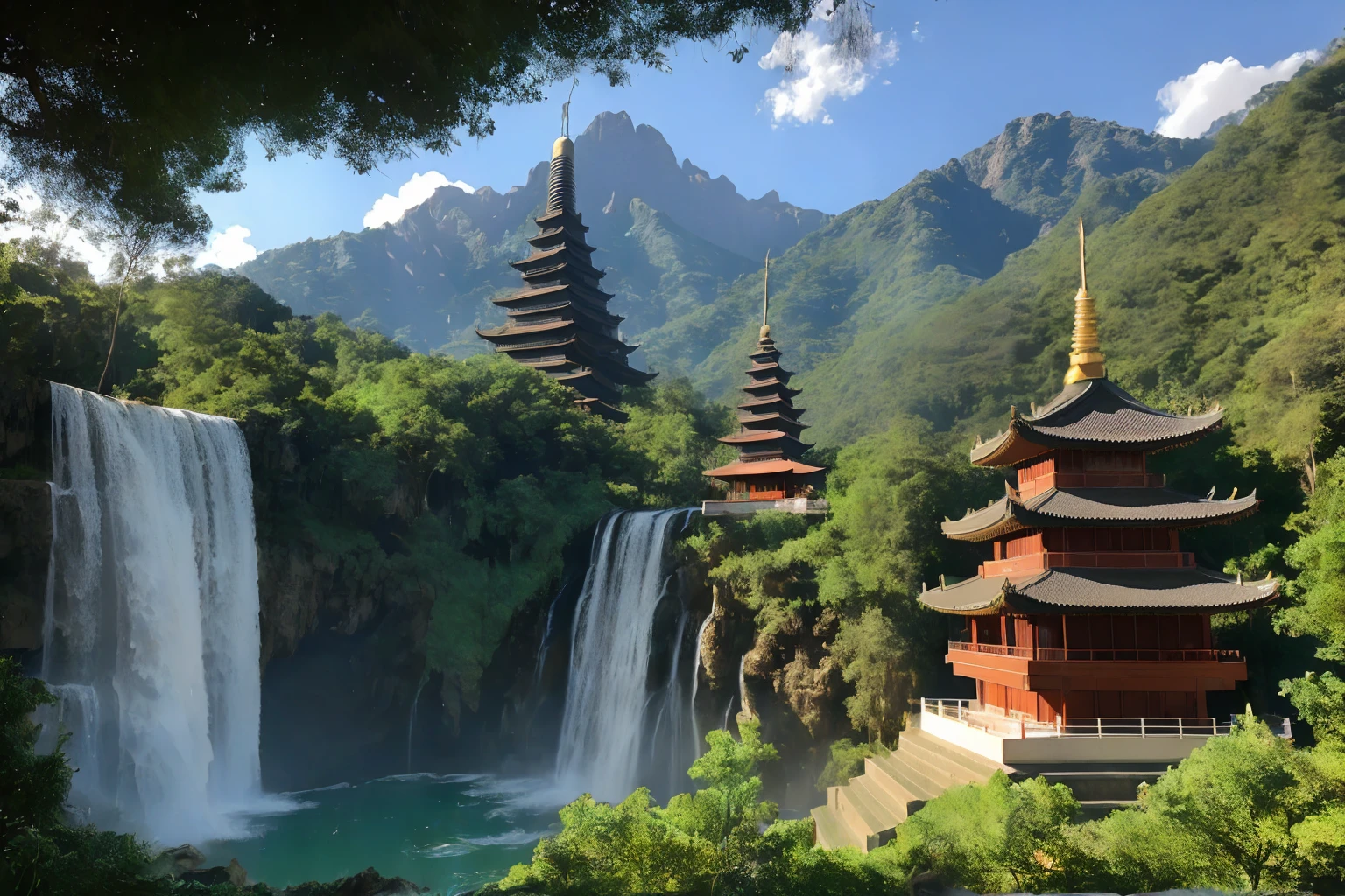 Mountain View，There are waterfalls and pagodas in the middle, Han Gan&#39;s paintings, CG Club Contest Champion, Fantasy Art, Dreamy Chinatown, Chinese scenery, Chinese Fantasy, Composed of trees and fantasy valley, Ancient city landscape, Order an impressive fantasy landscape, The most magnificent scenery, Pagoda on the mountain, Mountain jungle environment, Avatar Landscape, China Village.