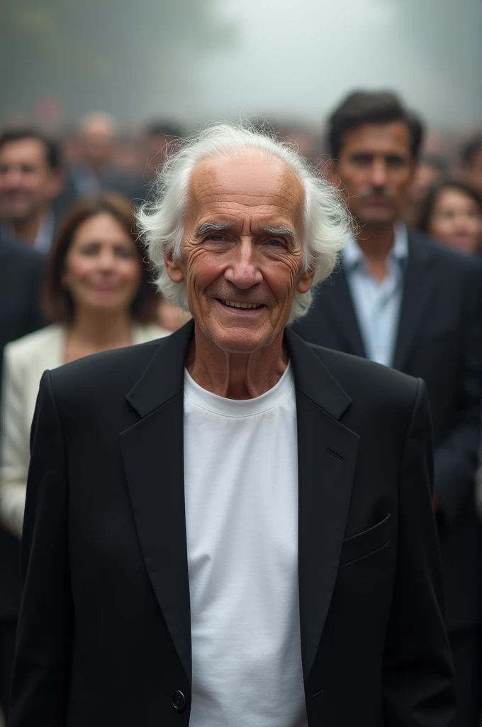 There is an old man who is wearing a black suit and white t-shirt, his hair is white and scattered and he is smiling, there are 20 people behind him, in which the people have been blurred.