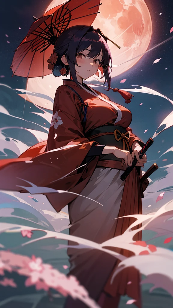 Rurouni Kenshin、Yumi Komagata、Oiran、Big Breasts、Clothes are open、night、moon、cherry blossoms、Fantasy、Heavy Rain、Kyoto、Pontocho、少女は悲しげにmoonを見上げている、I'm soaked by the rain、revenge、Perfect Woman