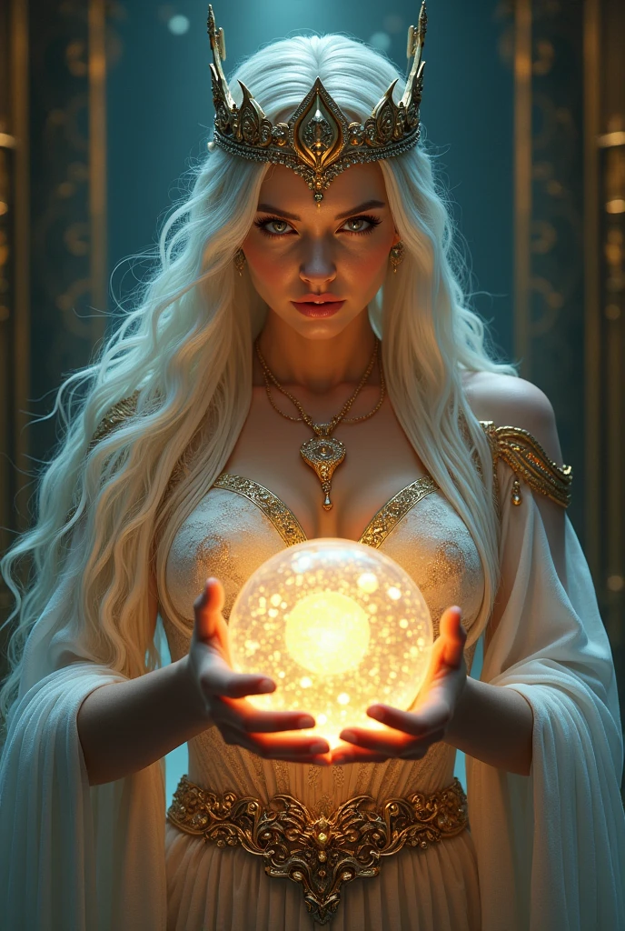 (norse goddess,Looking forward with a crown, Holding a magic crystal ball, Casting a Spell, best quality, 4K resolution, Flawless face, in a luxurious palace, Superrealisticart)