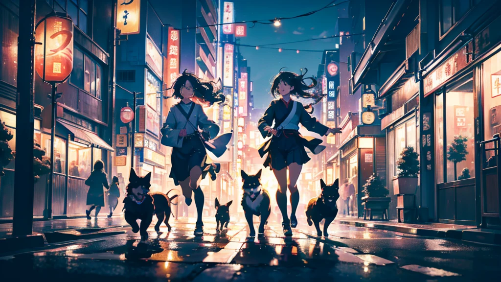 beautiful girl, ハッピー, Japan, Tokyo, Suburban, The dog is chasing the girl., Surrealism, cinematic lighting, UHD, high details, best quality, highres, 8k