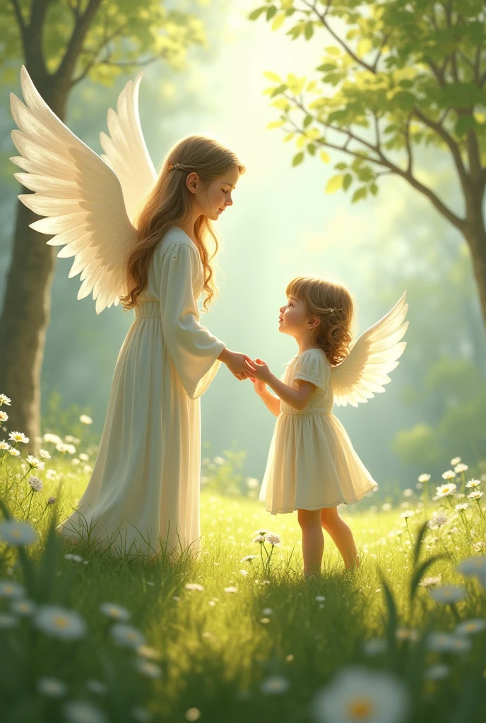 A small girl spaking to a angel in a spring season