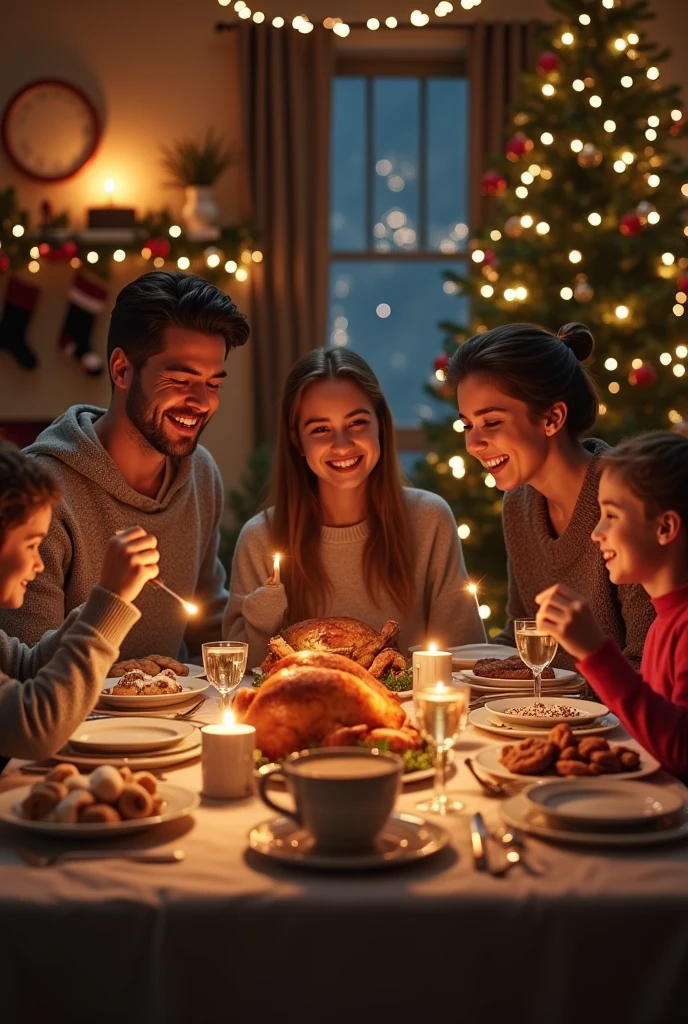In the image of a home that is decorated with a Christmas atmosphere, there is a family happily having dinner celebrating Christmas Eve., at home is decorated with a Christmas atmosphere, Chimney, Christmas stockings, On the table there are cups of steaming hot chocolate, Gingerbread cookies and marshmallows and a stuffed and roasted turkey, There are grapes, wine, etc... The environment is nocturnal and warm, the image is as realistic as possible