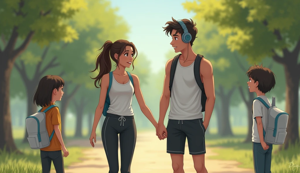 In Indian Park, a 24 year old girl and a 25 year old boy are wearing a white vest and black jogging pants. The boy is wearing half pants and white vest. He is also wearing headphones. While they are talking, a girl is looking at them with great surprise. This girl is also wearing white jogging backpack pants and white vest. This girl is also 24 years old.