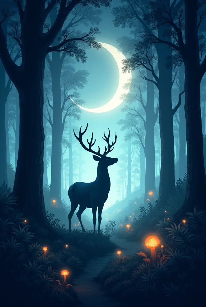 a painting of a deer in the woods with a crescent, calm night. digital illustration, ✨🕌🌙, night in the forest, in the forest at night, in a forest at night, night forest, the moonlit dance of the fae, ori and the blind forest, hollow knight concept art, moonlit forest environment, moonlit forest, forest spirit