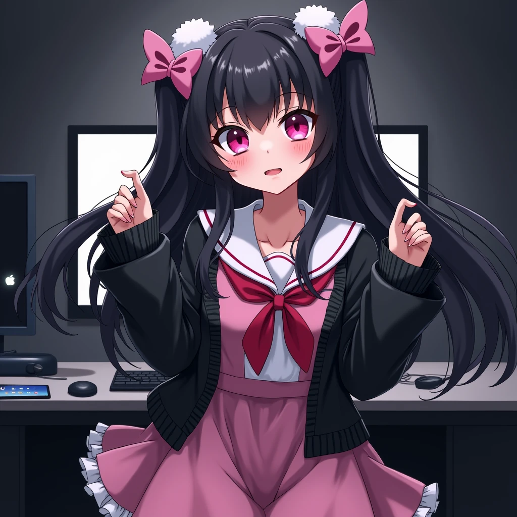 One person, Black Hair,Pink inner color,Hairstyle is half twin tail, bangs,Pink Eyes, Droopy eyes,Hearts in eyes, White fluffy hair accessory,Pink hair ribbon, anime, anime風, skirt,Frills,Mine system,smartphone,Pink Sailor Suit,Dark cardigan,Drooping eyes,Confused eyes,Worried brow,Yandere,background computer,smartphone,delivery,Illness,dark,Korelis,Korekore