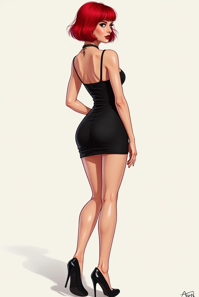 Draw pornographic actress sarina valentina in short fitted dress black heels and red hair and short raven body