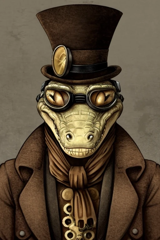 Cute anthropomorphic crocodile, eyes wide, crossed eyes, wearing a brown overcoat, wearing a brown top hat, with goggles hanging around his neck, Steampunk, animation
