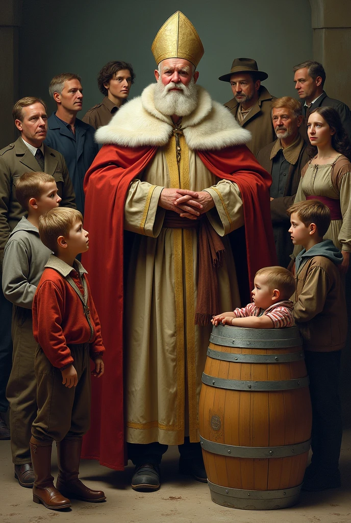 I need a kind-looking Bishop Nicholas with his smoke coat open. To his right a barrel with three boys.
Left three "Virgins"
Under the smoke cloak persons according to the patronage: a child, A baker, a butcher, a sailor, a fireman, a prisoner, a lawyer, a prison guard, a pharmacist, a lover, a dealer and a sex worker. Make it better to see the difference between people.