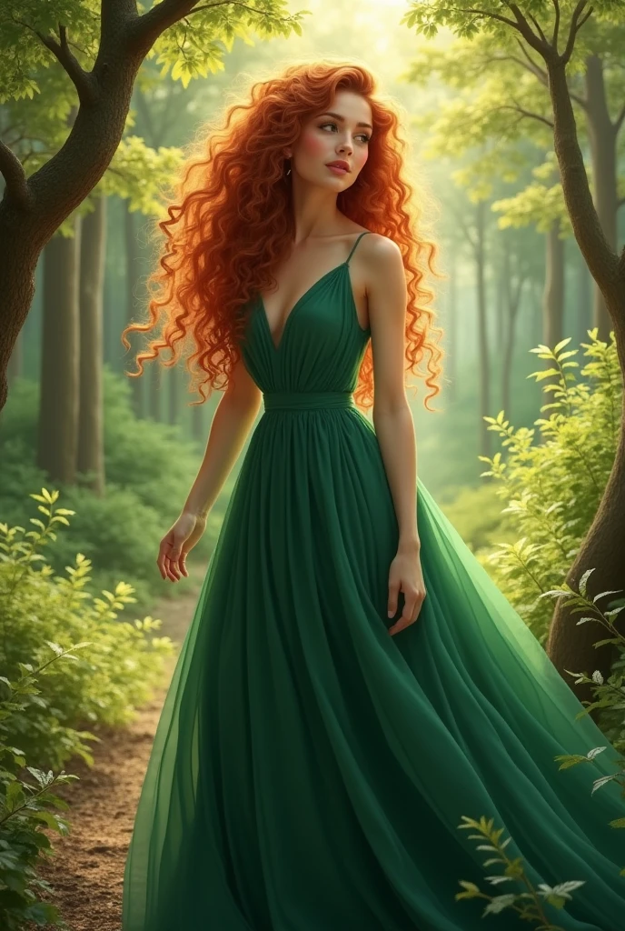 Artistic portrait of a young woman with curly red hair, dressed in a long, flowing emerald green dress. It is in a natural environment, Surrounded by a lush forest with light filtered through the trees. His posture is relaxed, with one hand gently touching a nearby branch, while looking at the horizon. The focus is on capturing the harmony between the naturalness of your figure, the shine of her hair and the green surroundings that surround her, creating an atmosphere of serenity