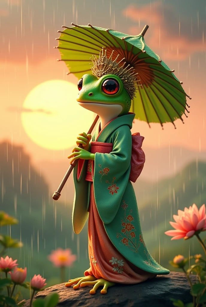 Tree frog,Dressed as a Japanese bride,Ultra-realistic,high resolution,Standing with a lotus leaf umbrella,It is raining in the background,The background is the hilltop at sunset,