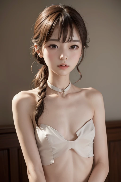 Anna, naked, ribbon on the neck, Skinny body, small bust, very feminine,