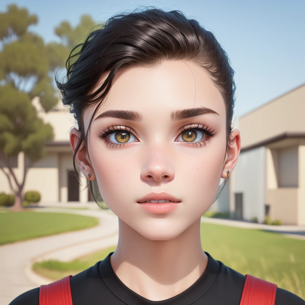 there is a young boy with a red suspender and a black shirt, hyperrealistic , creepy uncanny valley, extremely realistic face, human realistic face, realistic person, 3 d demo reel avatar, realistic human face, realistic face and body hybrid, single realistic face, accurate detailed face, 3d character realistic, detailed realistic face, ultra realistic face, realistic detailed face