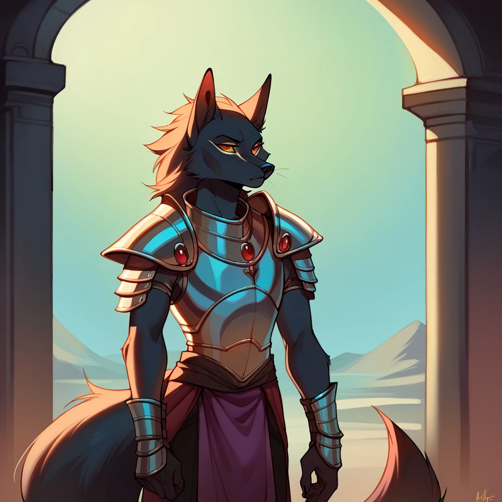 franubis, score_9, score_8_up, score_7_up, score_6_up, Evil fox with ebony black fur and fuchsia eyes in demonic armor Waiting to start