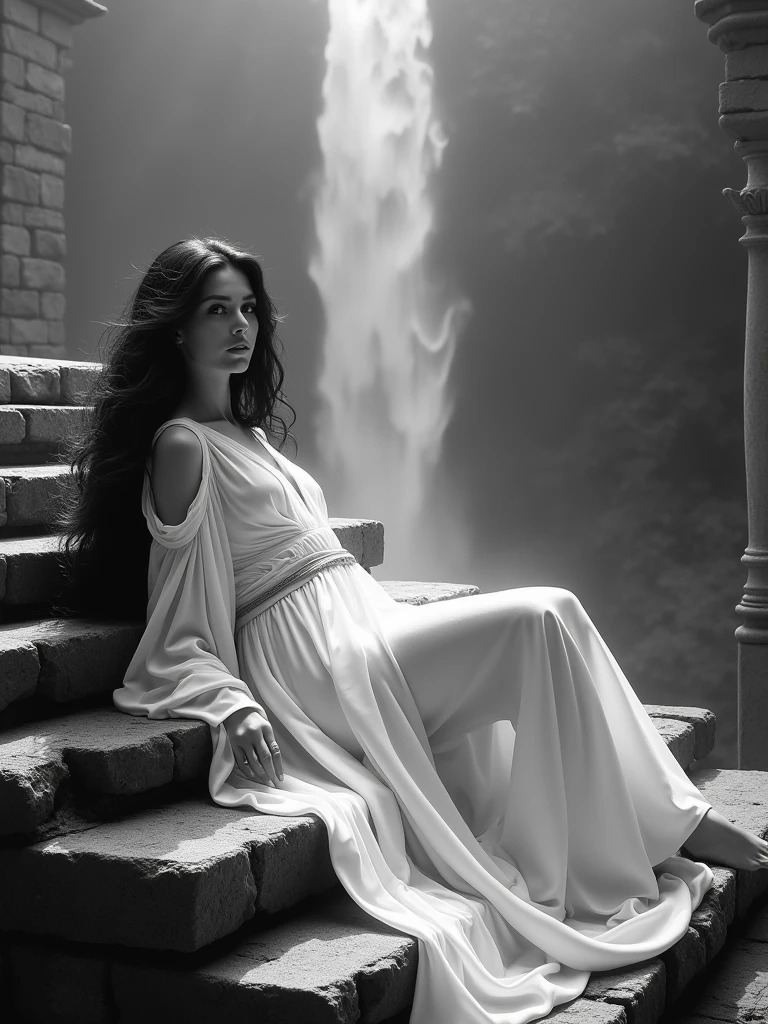 A serene black and white photograph captures a stunning lady reclining upon ancient stone steps, her luxuriant locks cascading like a dark waterfall around her. She wears flowing white robes that billow out behind her, as if blown by an invisible breeze. In the foreground, the gentle mist of a breathtaking waterfall rises, framing her majestic form against the mystical backdrop.