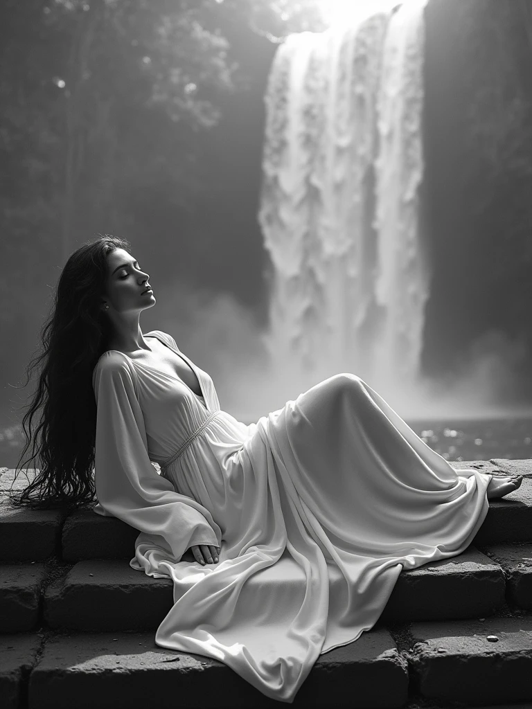 A serene black and white photograph captures a stunning lady reclining upon ancient stone steps, her luxuriant locks cascading like a dark waterfall around her. She wears flowing white robes that billow out behind her, as if blown by an invisible breeze. In the foreground, the gentle mist of a breathtaking waterfall rises, framing her majestic form against the mystical backdrop.