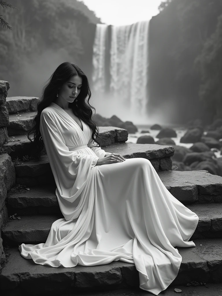 A serene black and white photograph captures a stunning lady reclining upon ancient stone steps, her luxuriant locks cascading like a dark waterfall around her. She wears flowing white robes that billow out behind her, as if blown by an invisible breeze. In the foreground, the gentle mist of a breathtaking waterfall rises, framing her majestic form against the mystical backdrop.