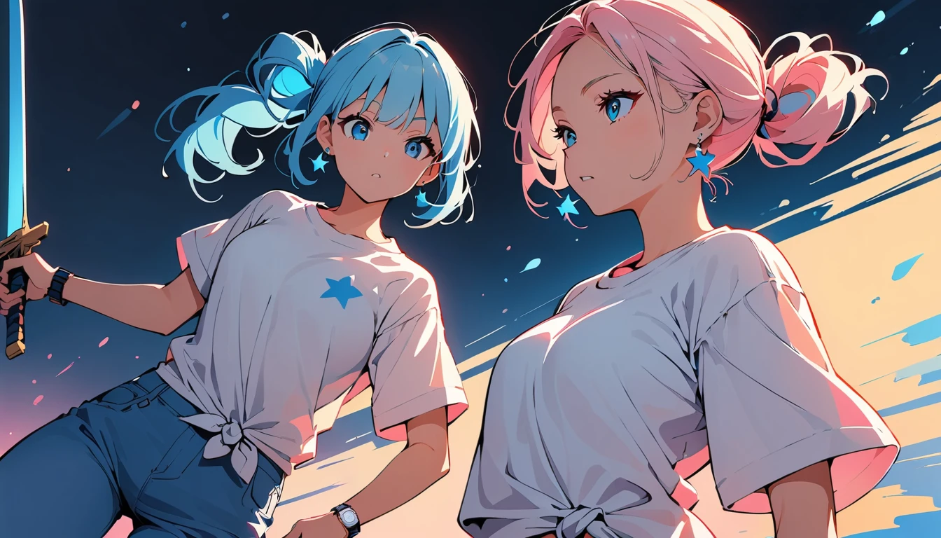 (high quality, 8k, 4K, High Contrast, masterpiece:1.2, 最high quality, Best aesthetics), ((16bit)), (Dynamic Angle), ((1 female teen)), ((Plain and bright background)), ((Flat Color)),(Plain white T-shirt on the upper body), (jeans), (Holding a sword), Looking at the audience, Upper Body, Transparent Background, Sleepy eyes, High Contrast, Contrasting colors, Cowboy Shot, Pale pink and blue lighting, Long Hair, ((Tied Hair)) , Light blue hair, Small star-shaped earrings in both ears, watch, bright eyeshadow, (Fighting)