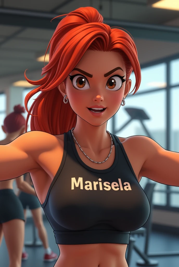 Draw an animated redhead woman training in the gym, that has the word Marisela written on his shirt
