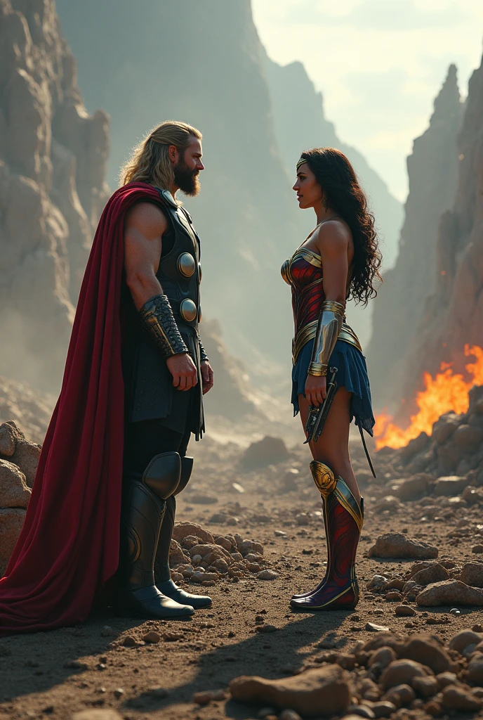 Respect in the Rubble: Following their epic duel, Thor and Wonder Woman, both worn out and with mutual respect, stand amidst the wreckage of their battle. They repair the land and part ways with newfound camaraderie. Describe their conversation and the restoration of the battlefield.