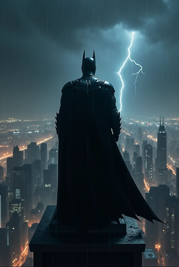 Batman on top of the building at midnight watching the city skyline. Back shot, darkest sky, awesome picture, slight rain