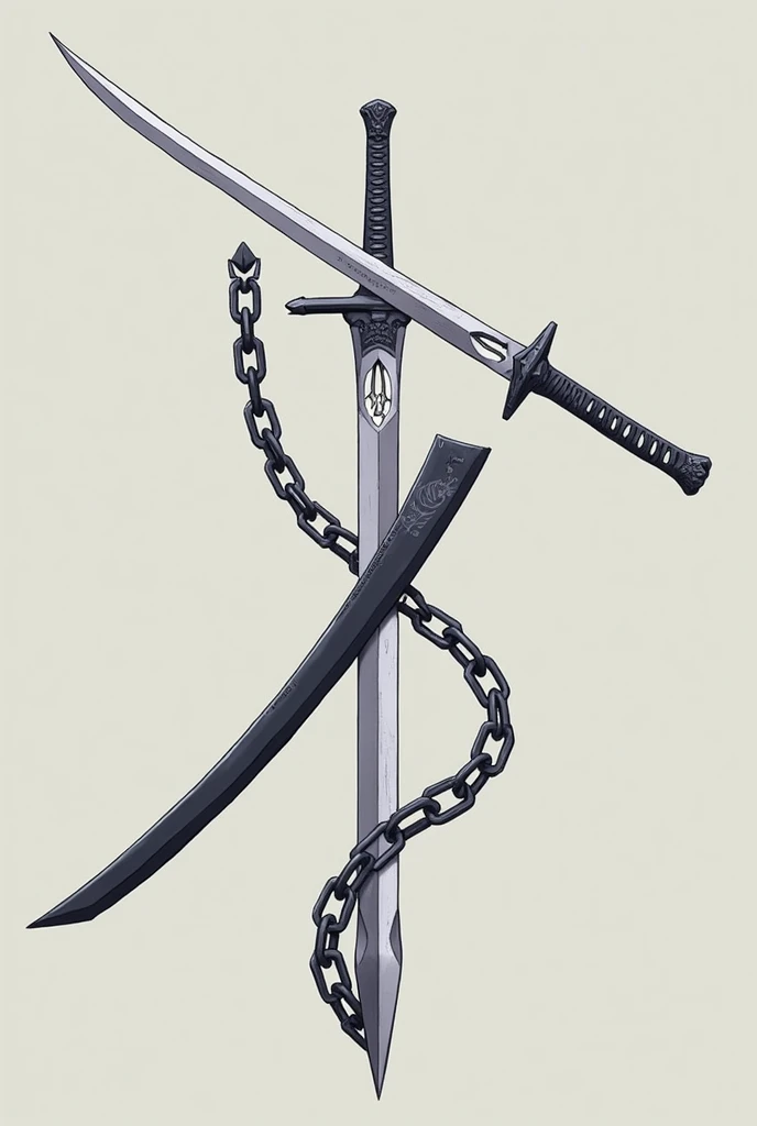 Create a shikai (bleach) portrait, A dual-bladed weapon with one side resembling a traditional katana and the other a bladed chain. The chain can extend and retract, giving the weapon versatility in both close and ranged combat.