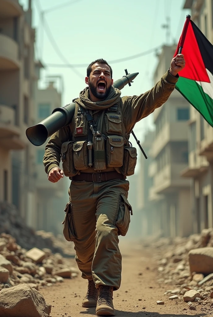 Depicts a Palestinian fighter carrying an RPG shouting with his hand raised holding a Palestinian flag.