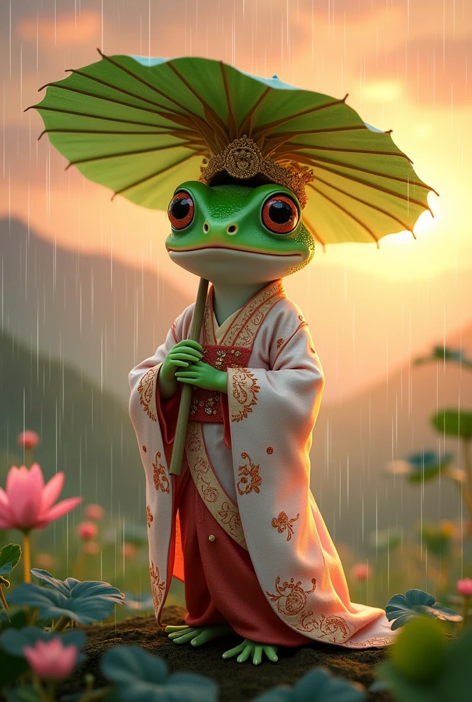 Tree frog，Dressed as a Japanese bride，Ultra-realistic，high resolution，Standing with a lotus leaf umbrella，It is raining in the background，The background is the hilltop at sunset，
