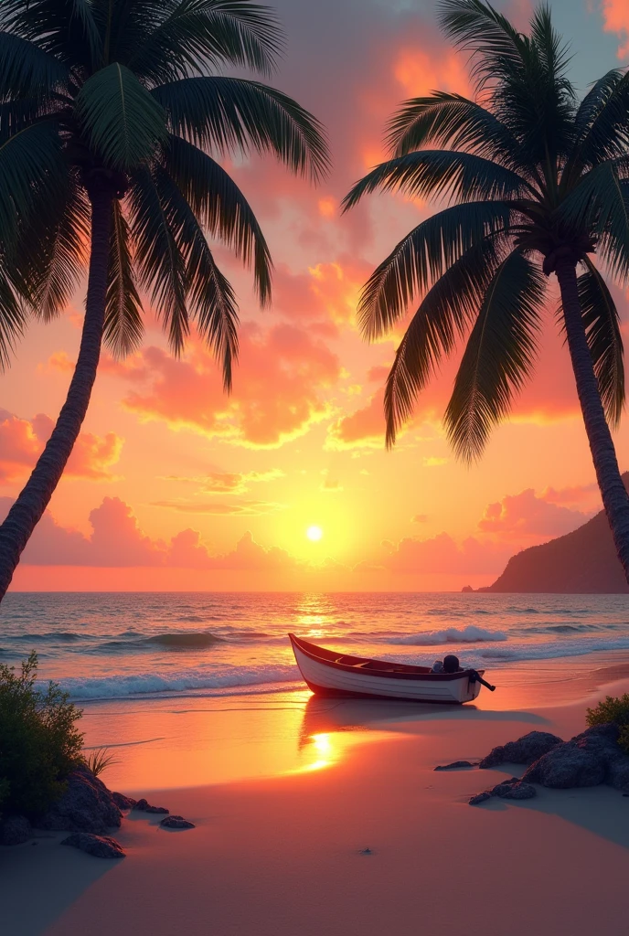 Sunset landscape on the beach, palms, BOAT, sun