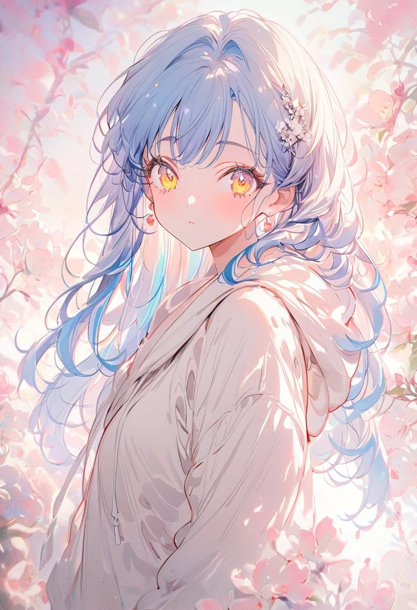 Soft lines, blue hair, yellow eyes,wearing over size white hoodie,sleeves past wrists overly long sleeves,Official art using high-quality hand-drawn watercolor sketch techniques. (best quality,4k,8k,highres,masterpiece:1.2),ultra-detailed,beautiful detailed eyes,A girl with beautiful eyes, everyone, beautiful anime girl, cute anime girl, smooth anime art, anime style, elegant colors, soft lighting, delicate beautiful eyes, very coquettish,