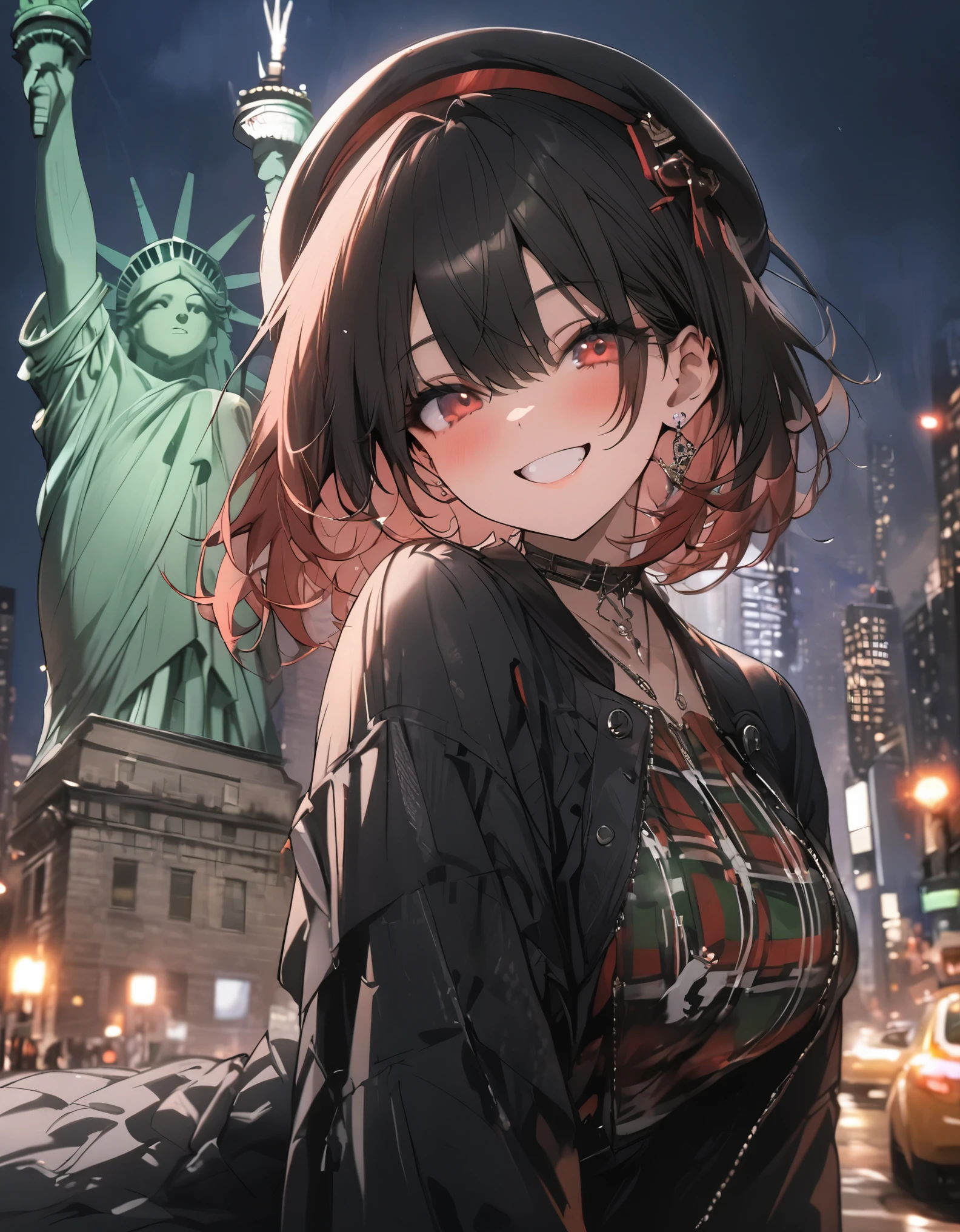 masterpiece、1 girl, short hair, (((red and green tartan check clothes))), (beret), smile, new york city background, city of new york, Night, ((statue of liberty))