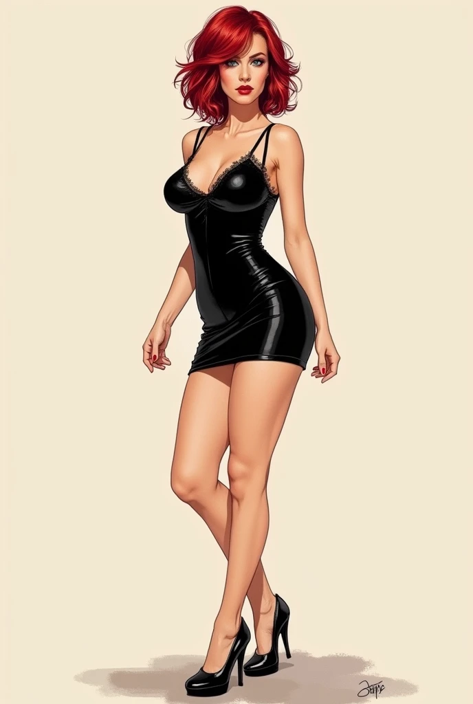 Draw the pornographic actress sarina valentina in short tight dress black heels and red hair and short raven body realistic