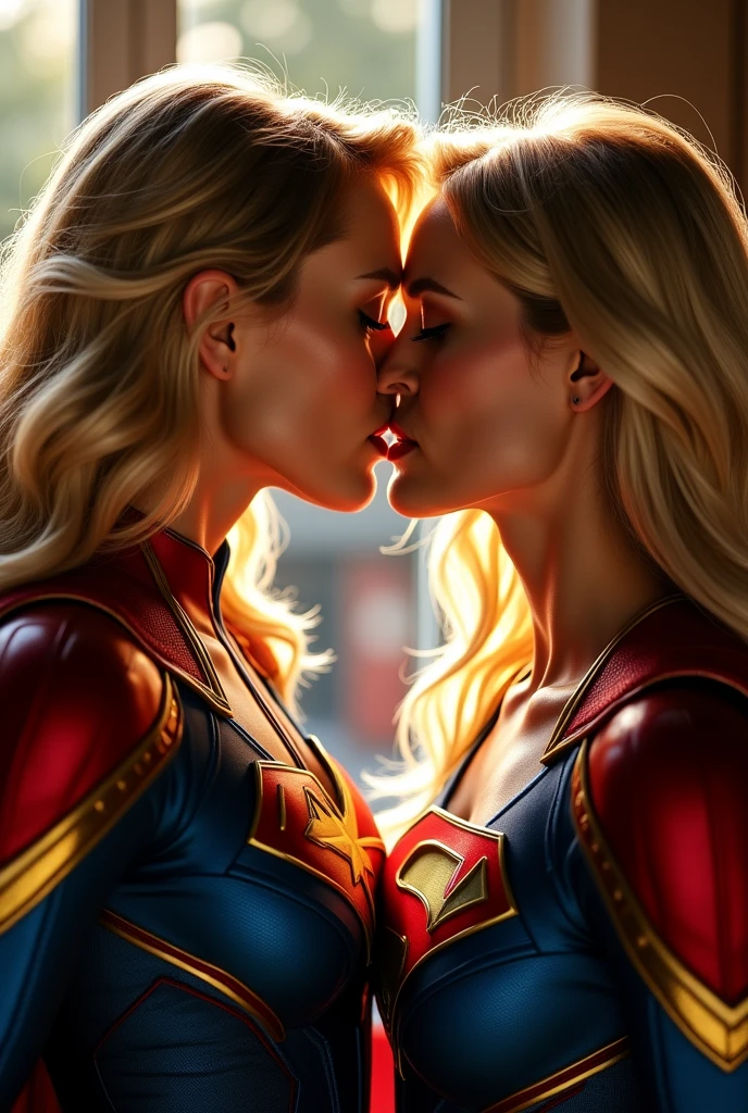 A stunning portrait of Captain Marvel and Supergirl touching each others breasts, kissing, French kissing, tongues touching, they are kissing, young and beautiful, hyper realistic, real portrait, backlit, exquisite features, cleavage, ecstasy, super girl:1.3