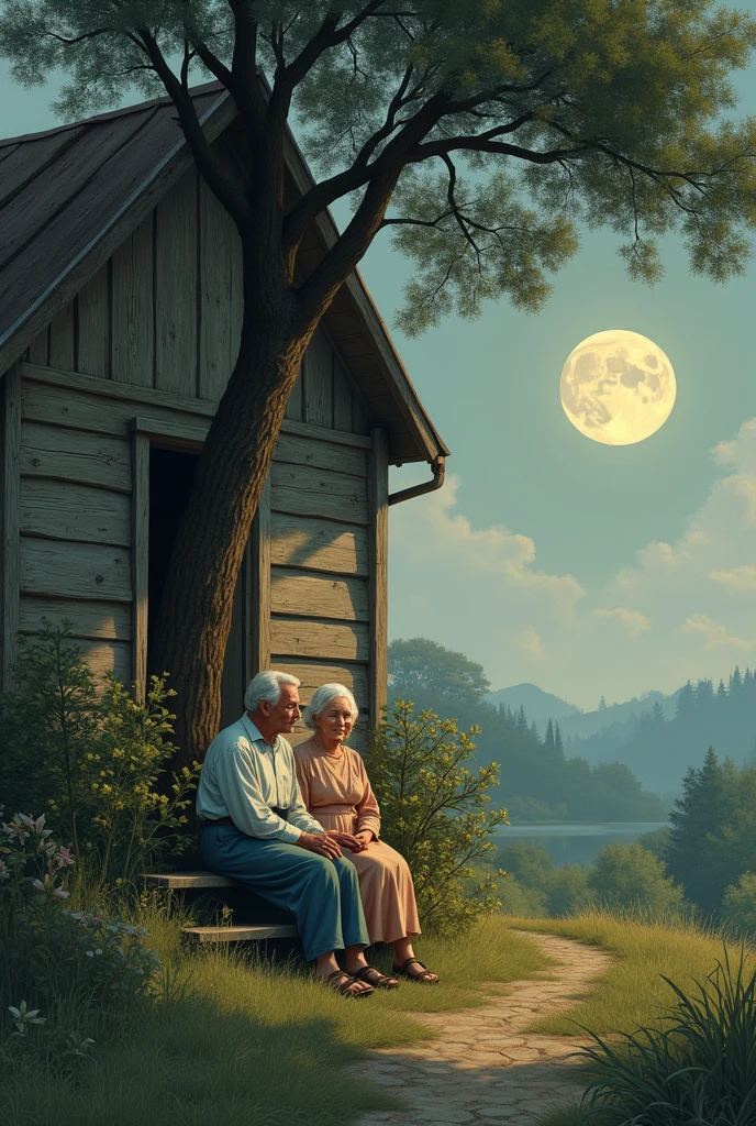 One old house.one tree is side a house.one man and woman sitting under a tree.moon was rise.