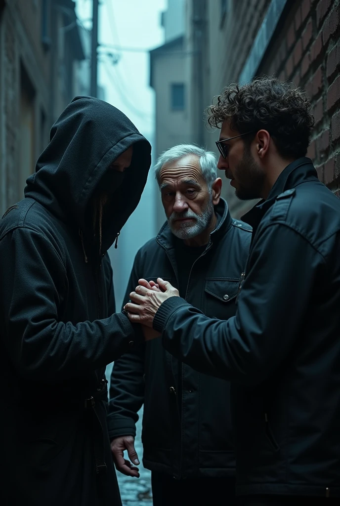 (photorealism: 1,2) a hooded man is about to touch an old man, the old man is wearing black clothes, the hooded man is wearing black rags, a man is holding the hooded man's hand, the man is wearing round glasses, the man has slight acne, the man is wearing a black jacket, the jacket has slight military characteristics, the man has curly hair, the surroundings are a dark alley with light blue tones.