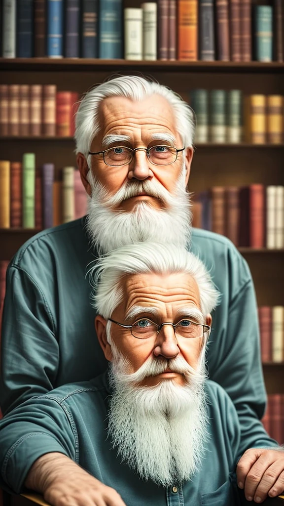 The one with a beard、Man sitting in front of a bookshelf Peaceful old man, An old man with white hair, old man portrait, Wise old man, old man, portrait photo of an old man, a old man,
