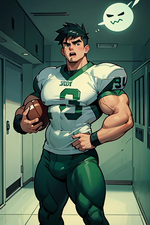 Danny Phantom, ghost, hypnosis, jock, conversion, locker room hallway, hyper muscles, jockstrap, bro, meathead, hypnotized, brainwashed, brainwashing, big dumb jock, football. Danny Fenton is hypnotized by Dash to become another dumb football jock bro. Glowing green eyes. Hyper crotch bulge. Massive bulging crotch. Big balls. Big biceps. Big triceps. Big traps. Broad shoulders. Big meaty pecs. Big thighs. Thick glutes. Football team assimilation. Black hair. Deep dull voice. glazed expression. dumber and dumber. Open mouth. Clothes turning into a football uniform. Forgetting. "I feel like I ... I ... I'm a ... I'm a .... "Bro, I feel ... kinda ... uhhh ... stupid...? Like, ... my head gets ... dumber, and ... dumber, and ... dumber..... I'll ... be dumb ... for Coach.... Bigger and bigger ... dumber and dumber.... Huhuhuh.... Yes, Coach. A good dumb jock is big and dumb. A good dumb jock's what I'll become.... Must grow big..... Must grow dumb.... Don't think.... Obey Coach.... Yes, Coach, I must obey.... The Big Dumb Jocks are here to stay.... Protect the QB. Whatever you say.... Dash, ... is my quarterback.... Dash ... is my bro...." IQ drain. Dumber and dumber. Meathead. Musclehead. Brute. Brutification.