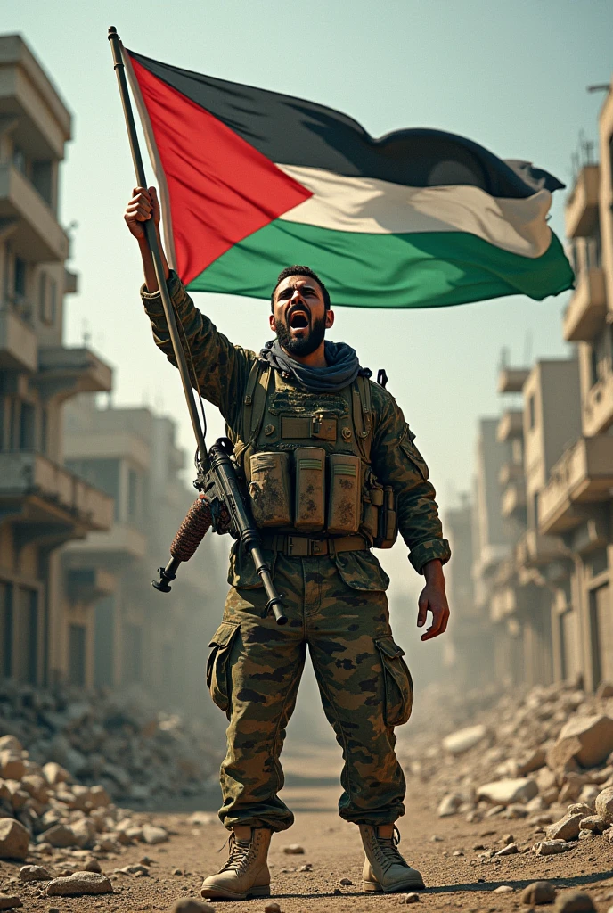 Depicts a Palestinian fighter carrying an RPG shouting with his hand raised holding a Palestinian flag.