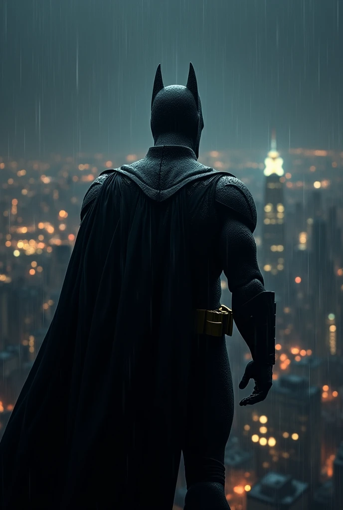 Batman on edge of the building at midnight watching the city skyline. Back shot, darkest sky, awesome picture, slight rain