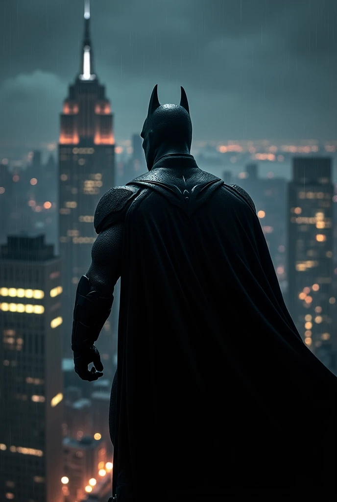 Batman on edge of the building at midnight watching the city skyline. Back shot, darkest sky, awesome picture, slight rain