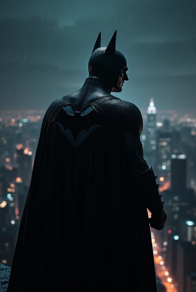 Batman on edge of the building at midnight watching the city skyline. Back shot, darkest sky, awesome picture, slight rain