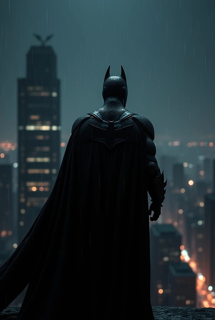 Batman on edge of the building at midnight watching the city skyline. Back shot, darkest sky, awesome picture, slight rain