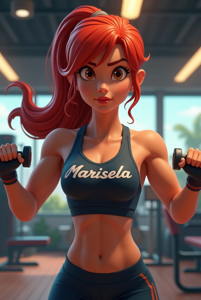 Draw an animated redhead woman training in the gym, that has the word Marisela written on his shirt