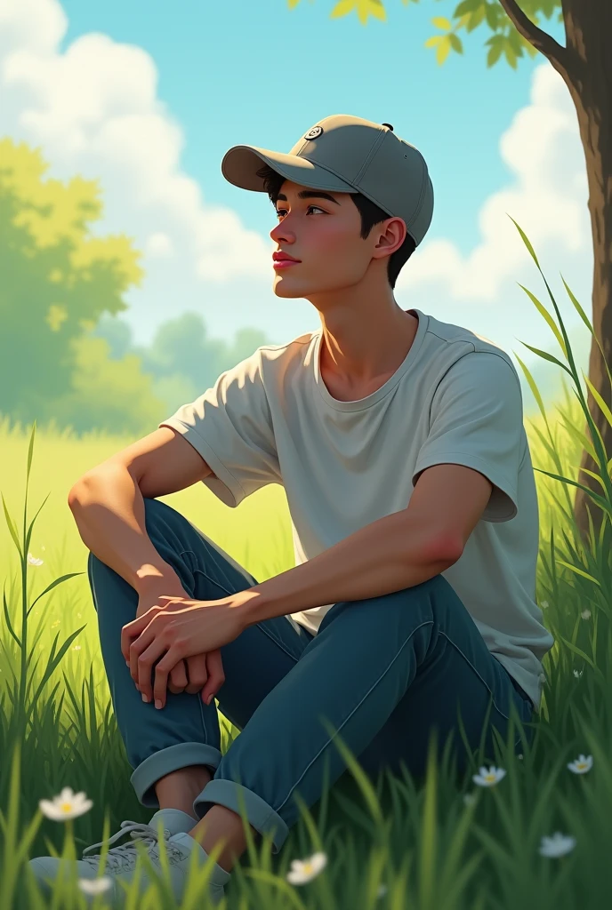 A 22 years old man wearing a grey baseball cap sitting on the grass