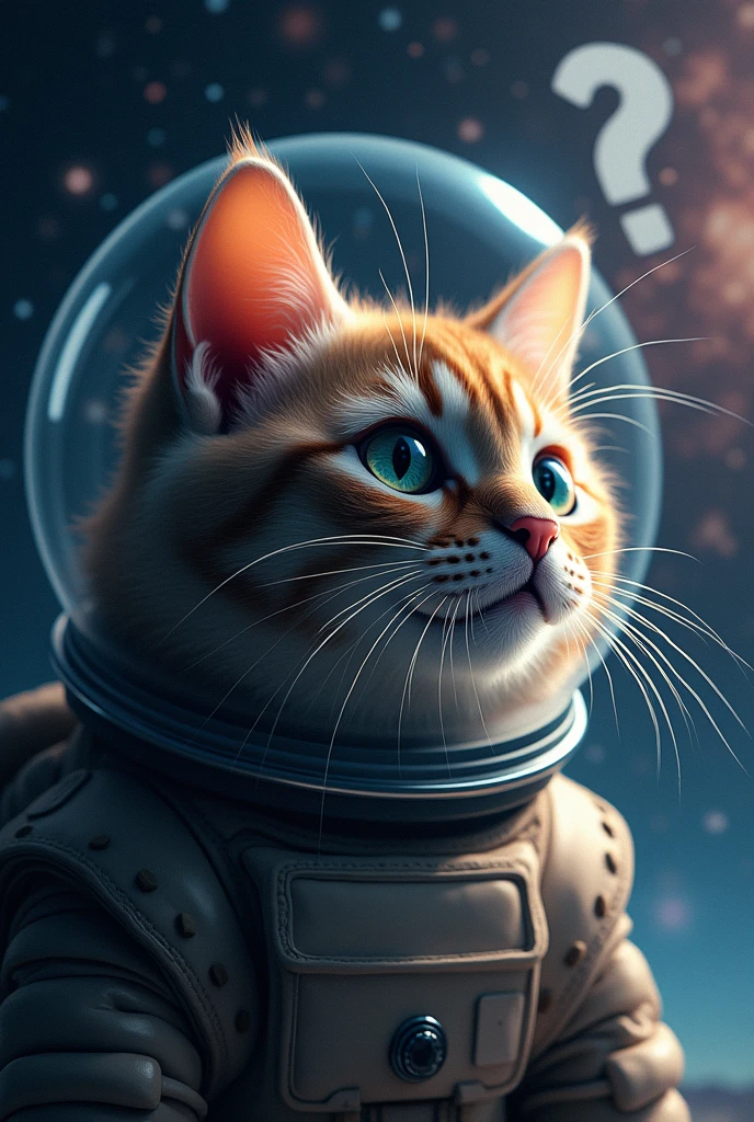 Close-up of a cat face, outer space in the background (stars and galaxies shining beautifully), space cat, large "!?" on the screen is written in large letters on the screen,