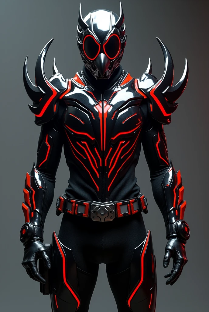 Kamen Rider costume design with the image of an imperial eagle, combined with modern mechanical elements. The main armor is glossy black, dotted with red lines symbolizing claws. The mask has a sharp crow beak shape, integrated with night vision goggles. The artificial wings can be opened to increase speed, made of light and durable metal. The costume must have a streamlined, mobile design, suitable for action scenes. Main colors: black, red, silver gray. Style: minimalist, modern, strong